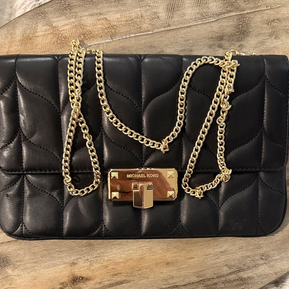Michael Kors Black Quilted Clutch with Gold Chain